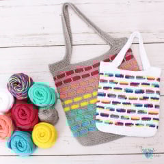 crochet tote bag in rainbow blocks of color