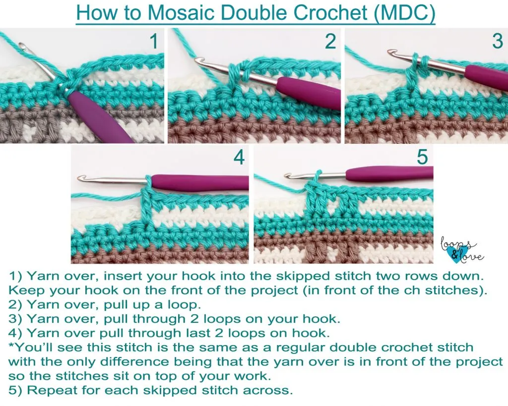 step by step photos to show how to crochet the mosaic double crochet stitch