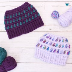 crochet beanie with messy bun or ponytail opening at the top