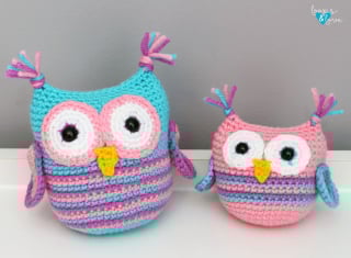two amigurumi owls in bright colors