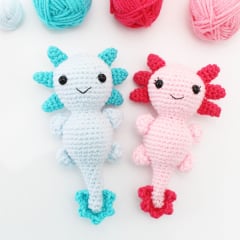 crochet axolotl amigurumis - pink and blue