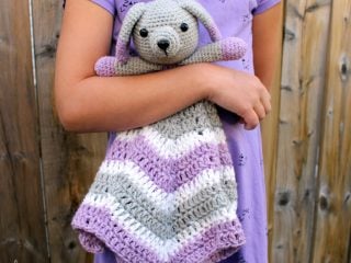 crochet puppy lovey in grey and purple