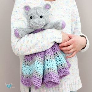 crochet hippo lovey in grey and purple
