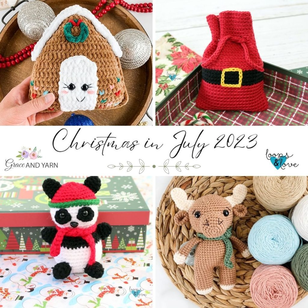 Christmas in July 2023 graphic with collage of four patterns released.