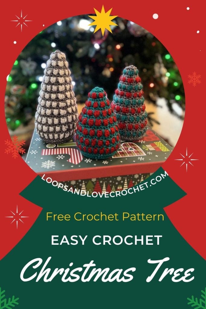 Set of three crochet Christmas trees in small, medium, and large sizes