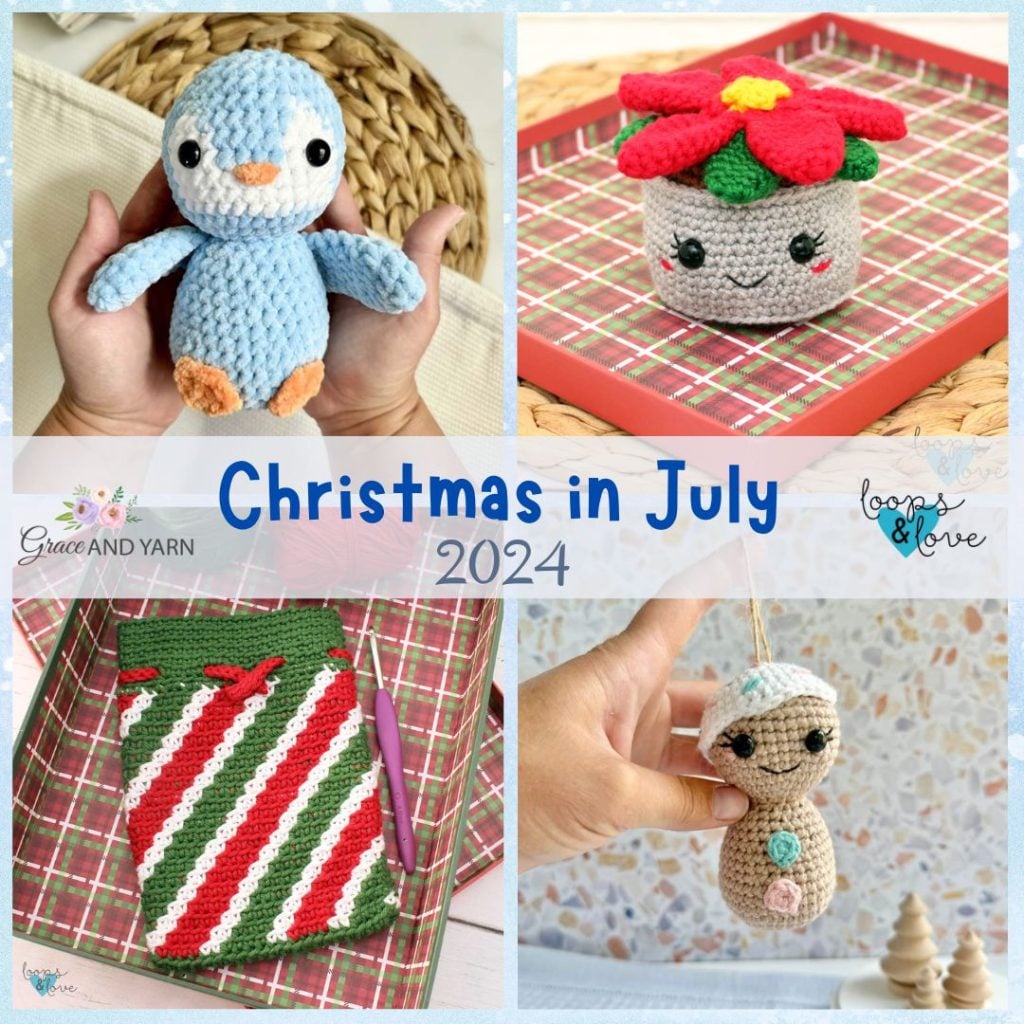 Christmas in July 2024 graphic with collage of four patterns released.