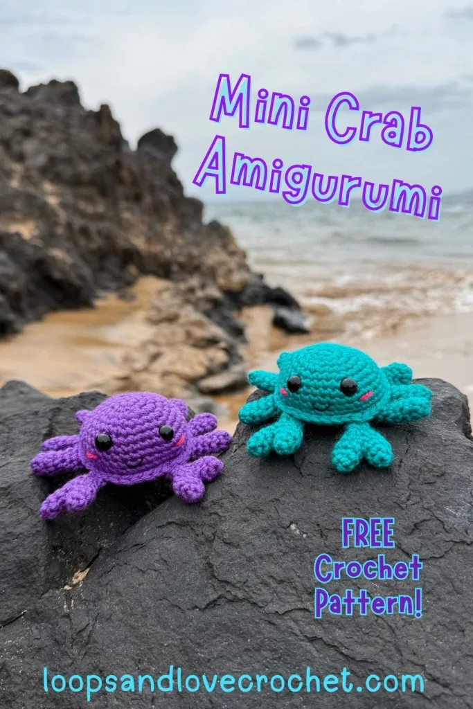 mini crab amigurumi on rocks at the beach