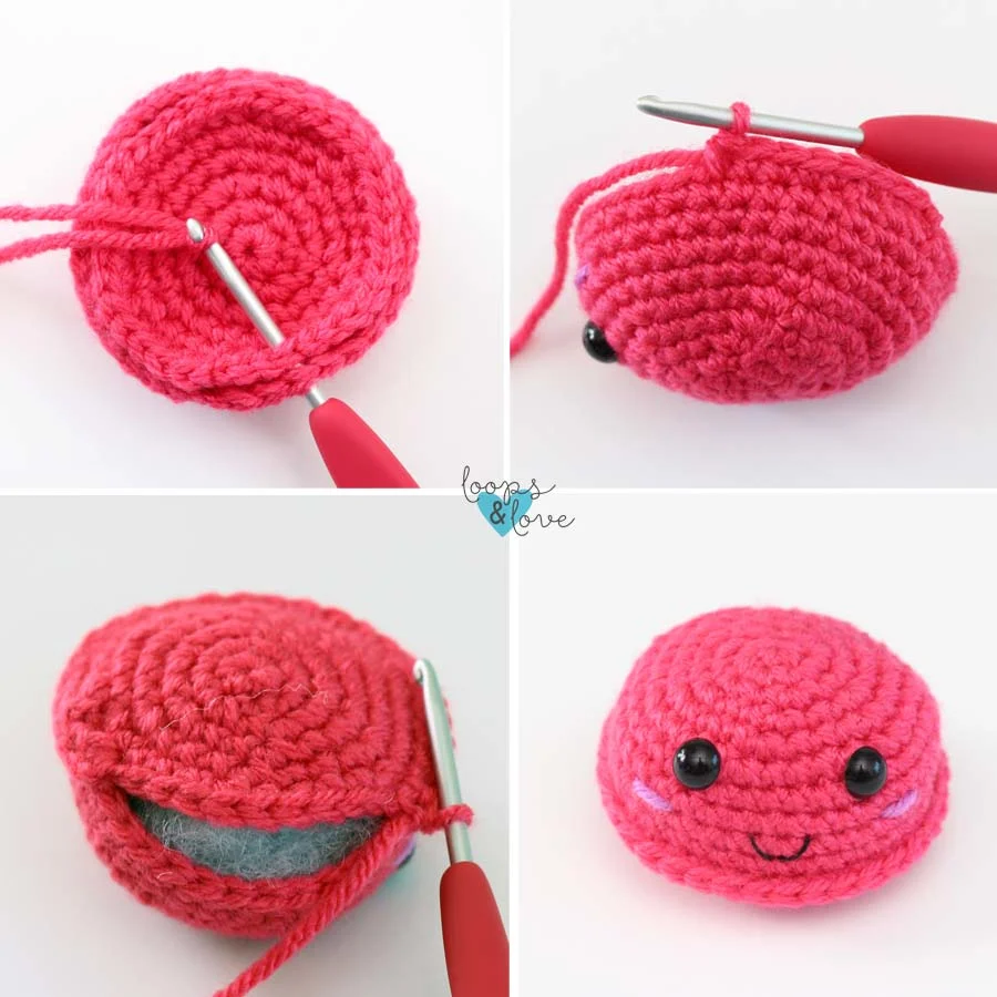 four steps in crochet the top and bottom of mini crab amigurumi together