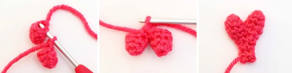 three steps for crocheting the claws for the mini crab amigurumi