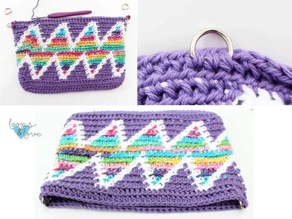 a collage of photos of the crocheted whimsy waves bag