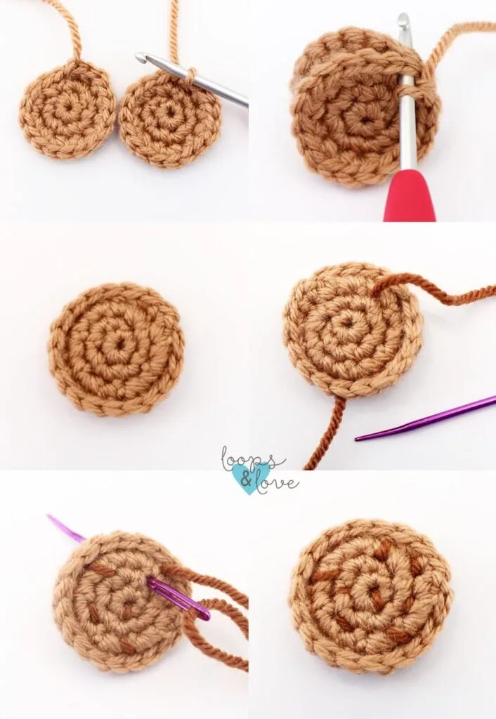 step by step photo collage on crocheting the chocoalte chip cookeis