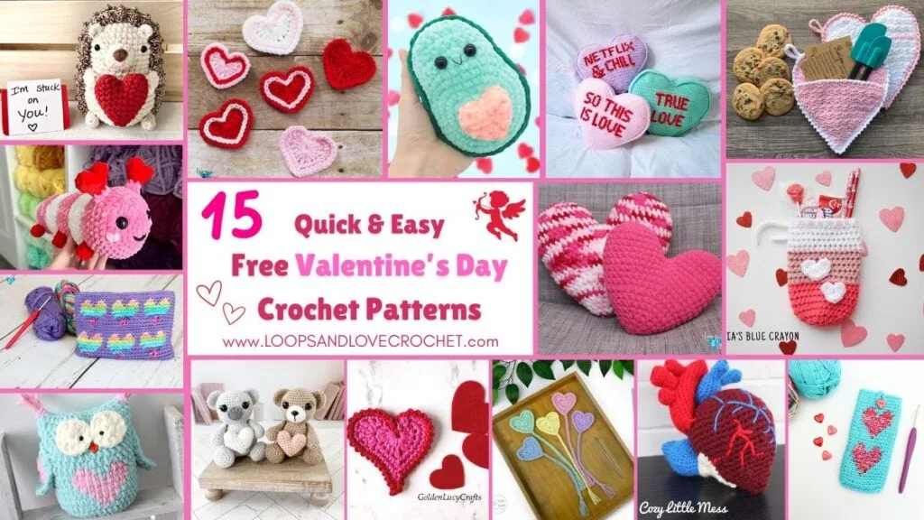 Collage of Valentine’s Day crochet patterns