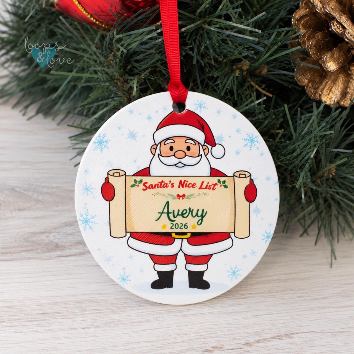 Personalized Santa ornament withe name Avery on the Nice List