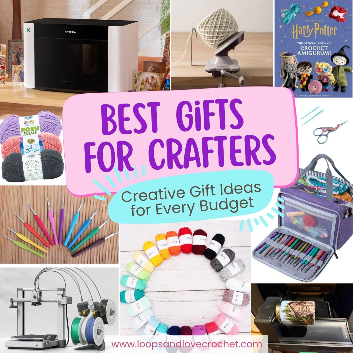 Best gifts for crafters gift guide featuring crochet hooks, colourful yarn, a crochet project bag, yarn winder, 3D printer, and xTool UV printer.
