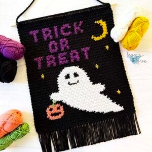 crochet halloween wall hanging with a ghost, moon, and trick or treat lettering